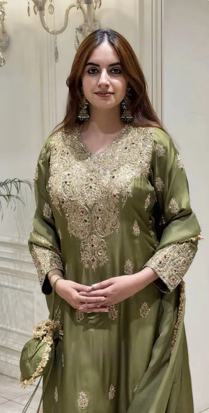 Olive Kundan Embroidered Suit Set
