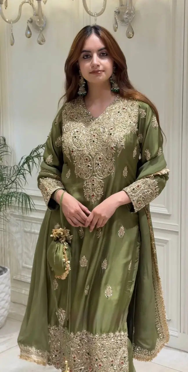 Olive Kundan Embroidered Suit Set