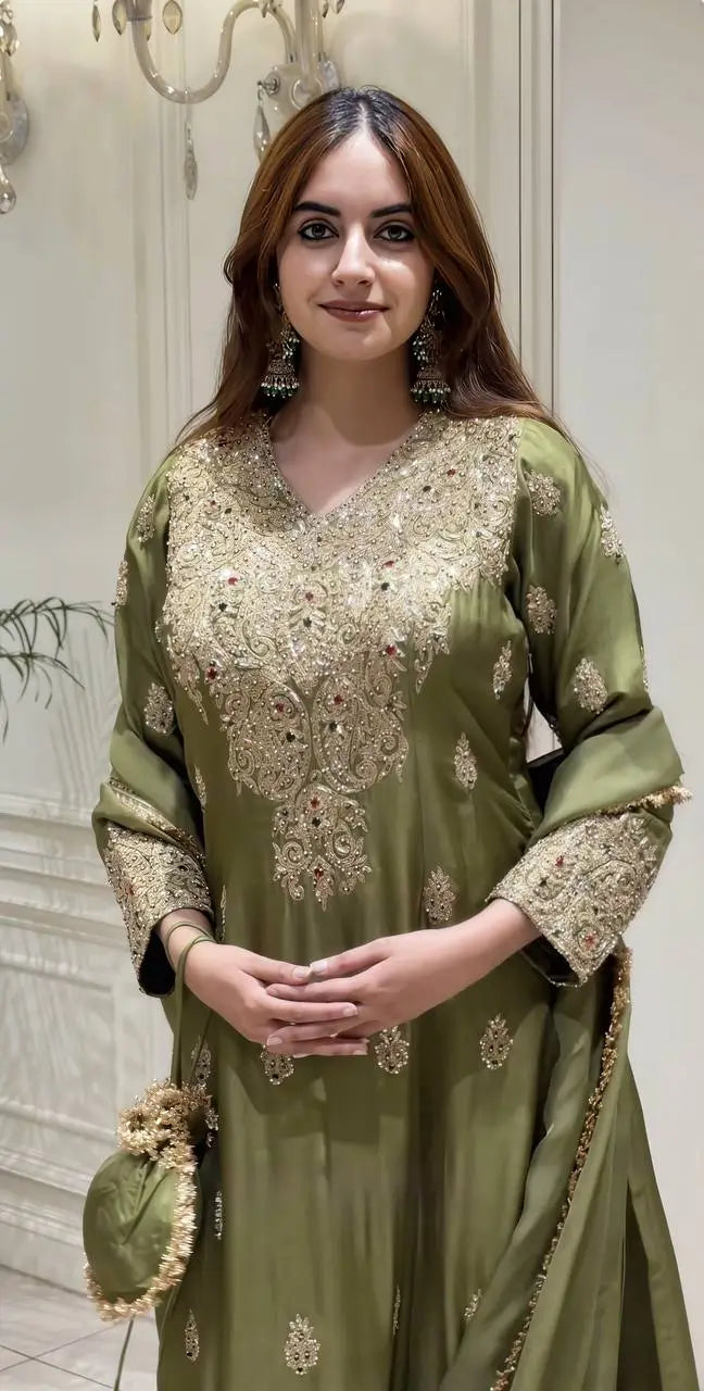 Olive Kundan Embroidered Suit Set