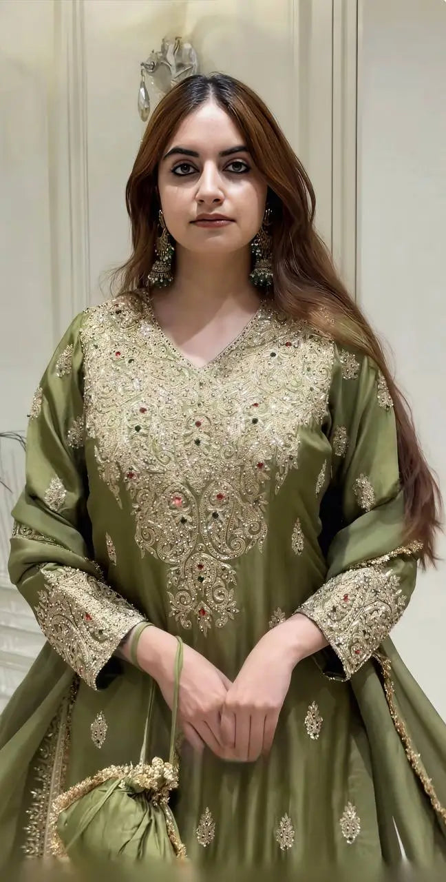 Olive Kundan Embroidered Suit Set