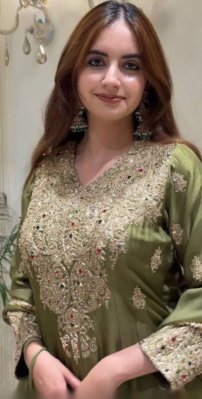 Olive Kundan Embroidered Suit Set