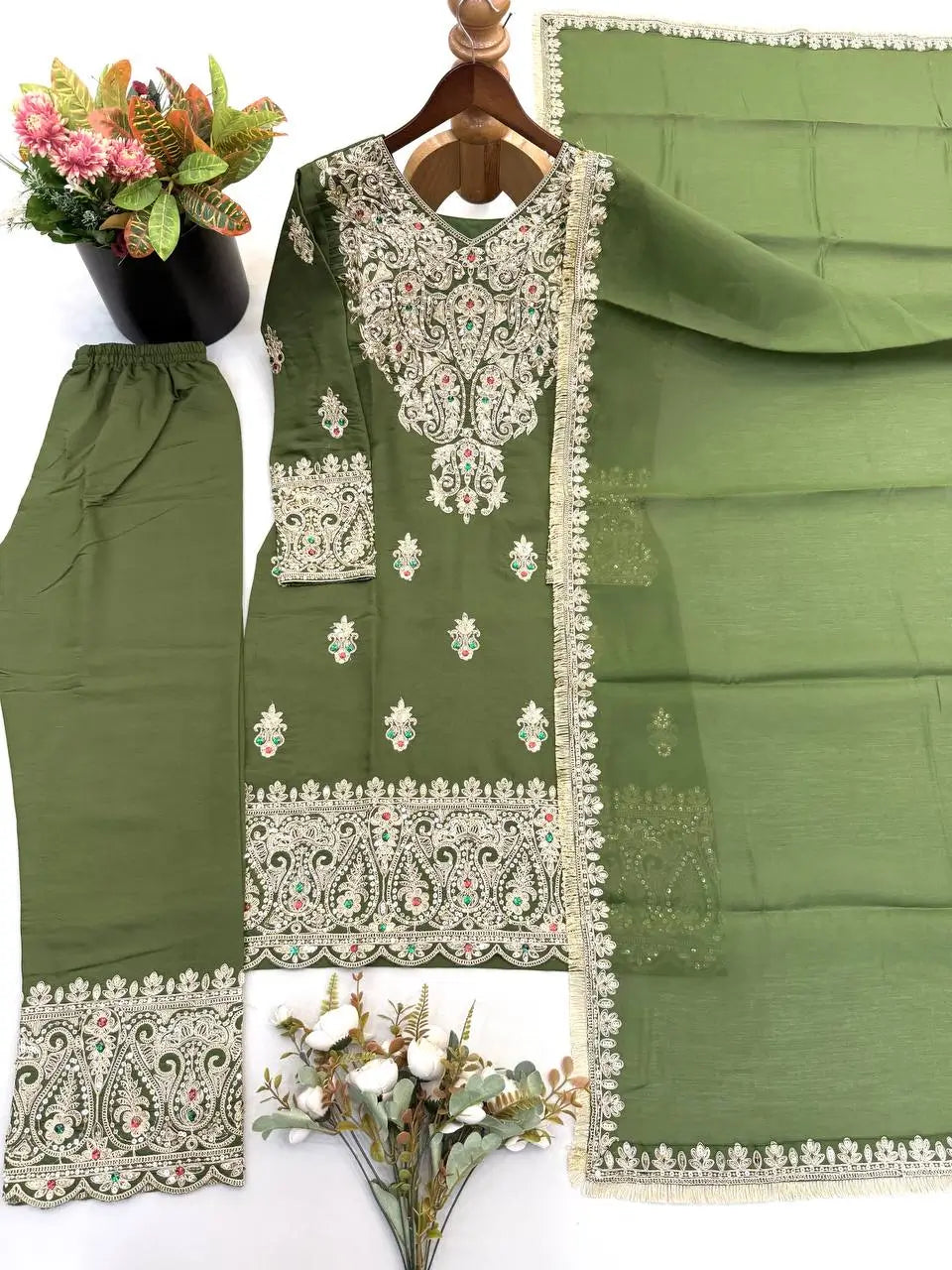 Olive Kundan Embroidered Suit Set