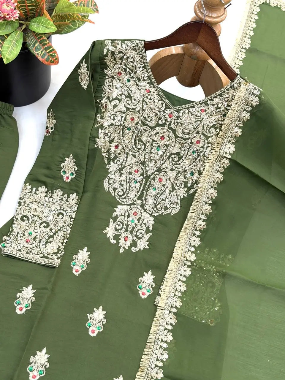 Olive Kundan Embroidered Suit Set
