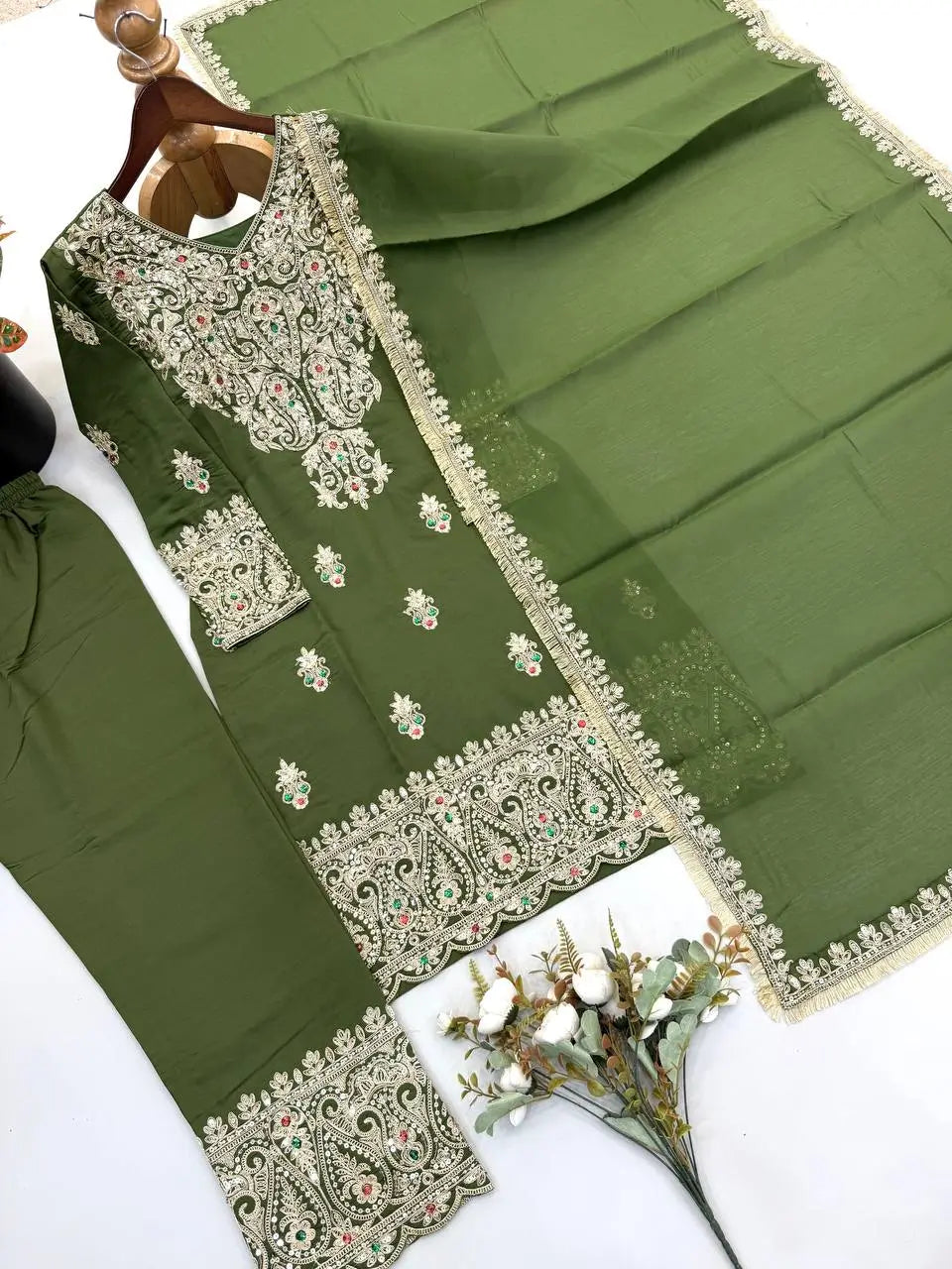 Olive Kundan Embroidered Suit Set