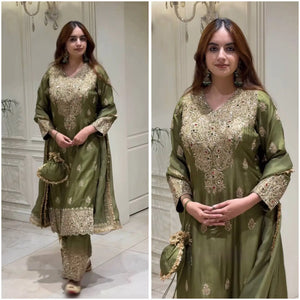 Olive Kundan Embroidered Suit Set