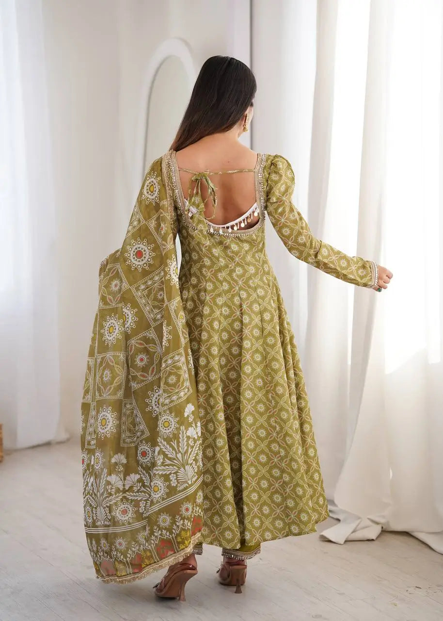 Olive Mosaic Print Anarkali Gown