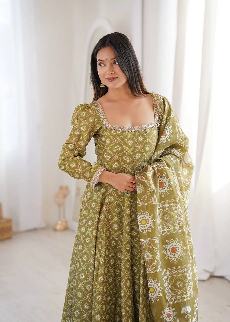 Olive Mosaic Print Anarkali Gown
