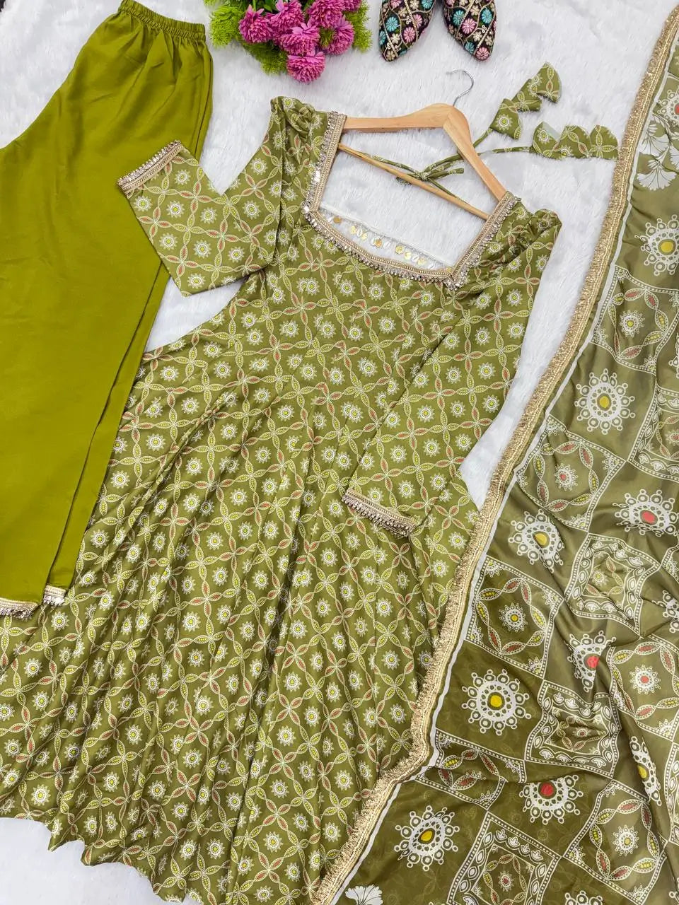 Olive Mosaic Print Anarkali Gown