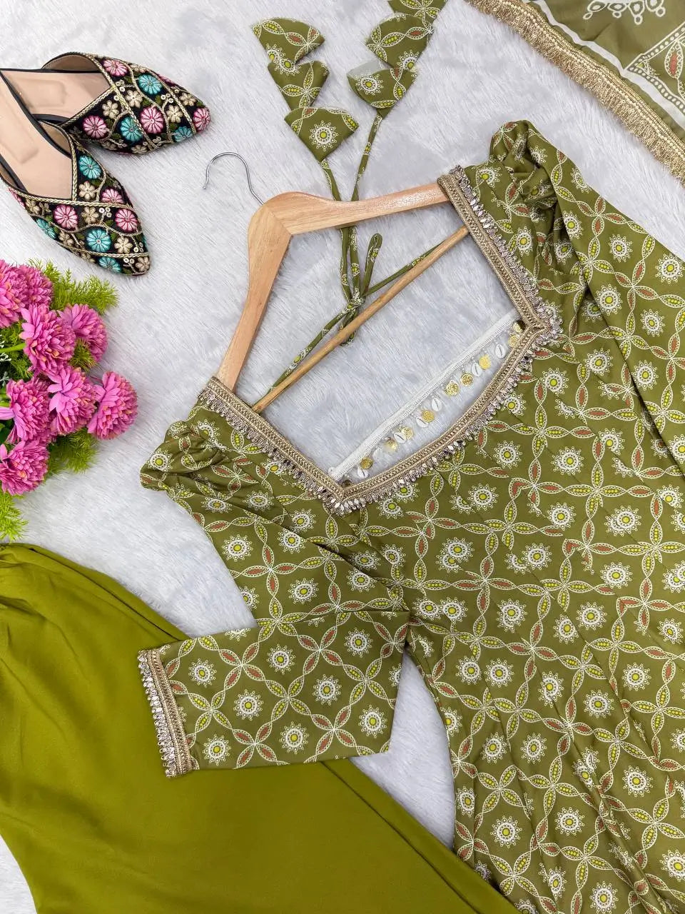 Olive Mosaic Print Anarkali Gown
