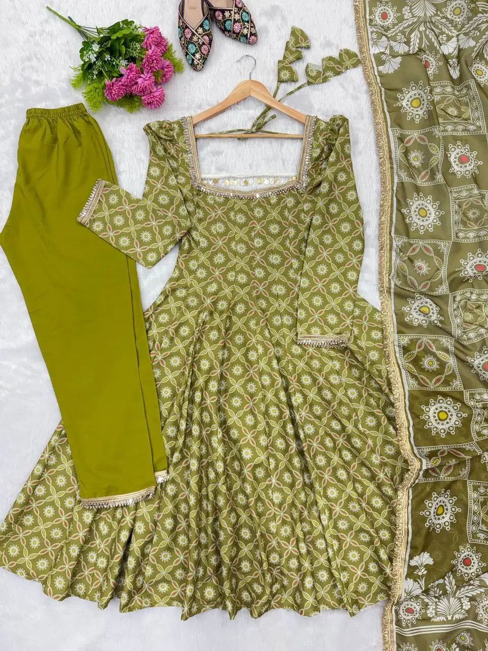 Olive Mosaic Print Anarkali Gown