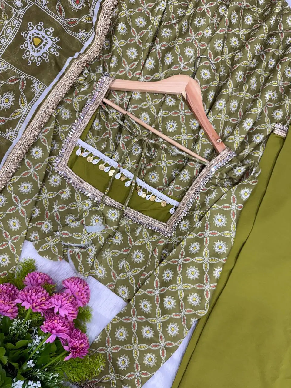 Olive Mosaic Print Anarkali Gown