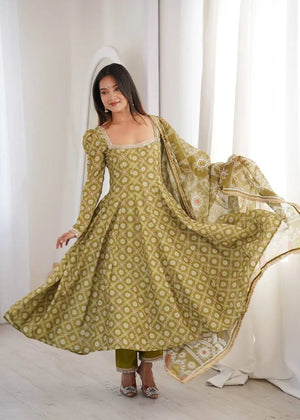 Olive Mosaic Print Anarkali Gown