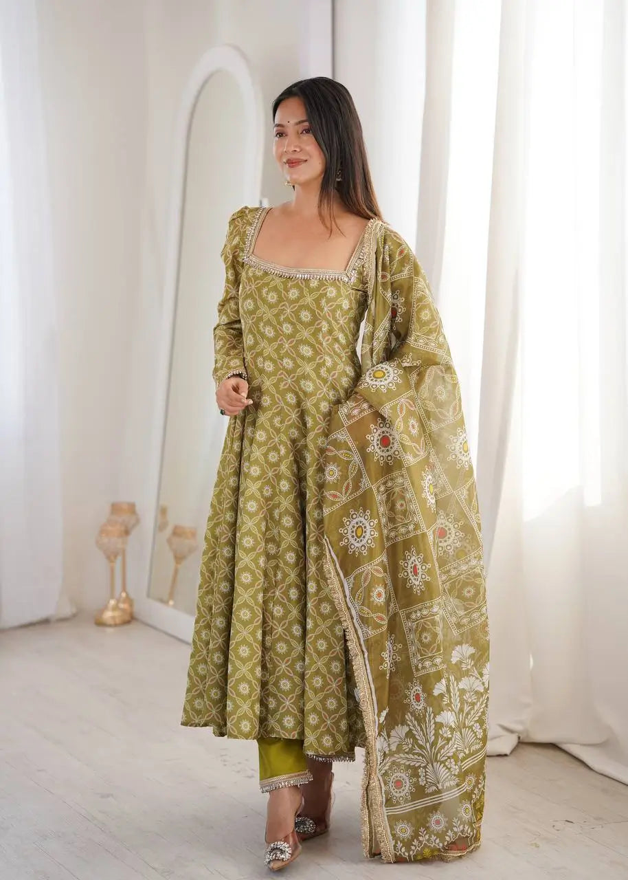 Olive Mosaic Print Anarkali Gown