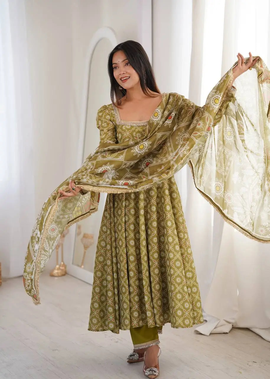 Olive Mosaic Print Anarkali Gown
