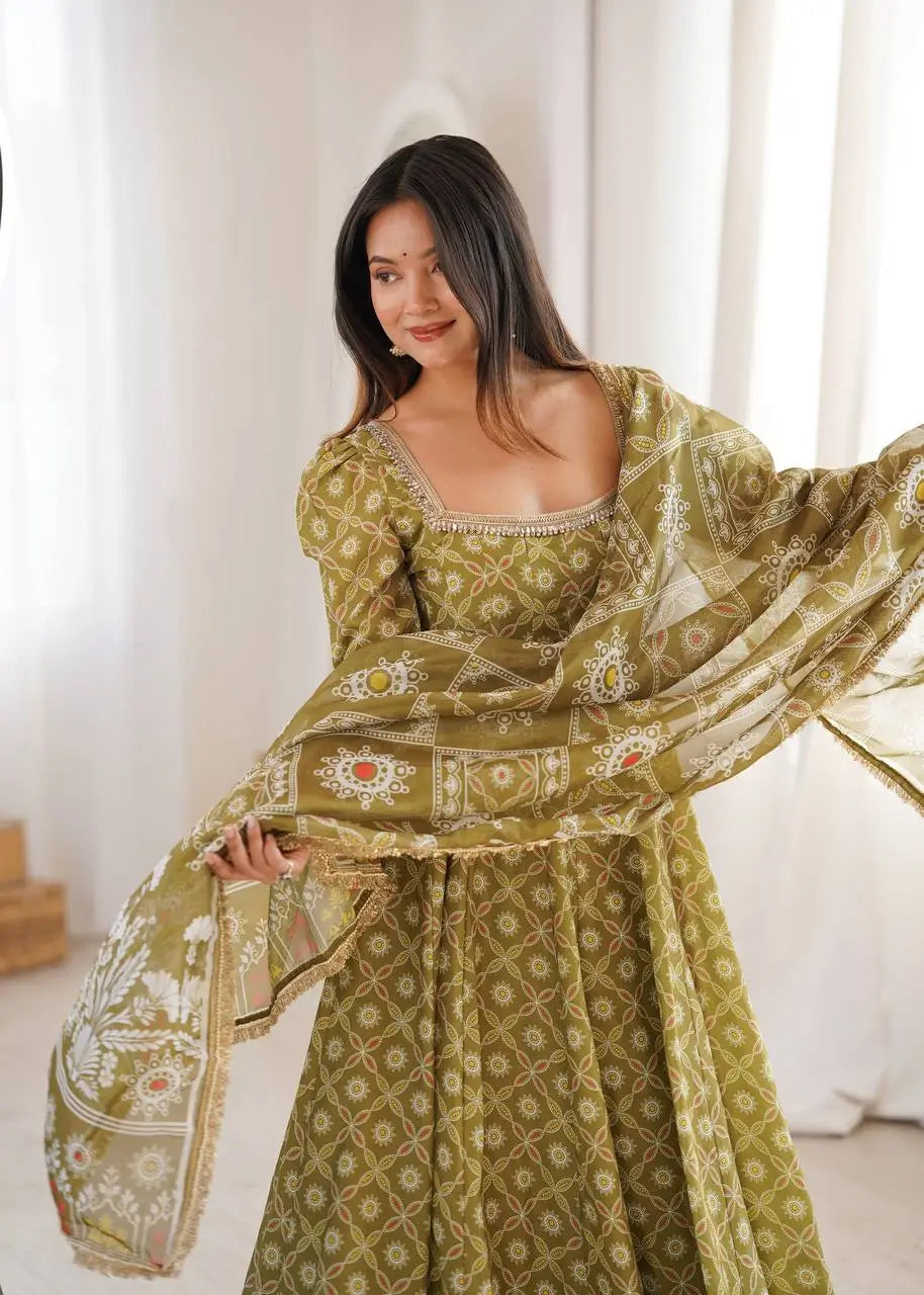 Olive Mosaic Print Anarkali Gown