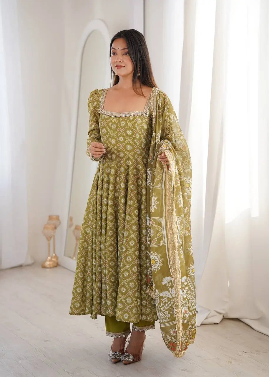 Olive Mosaic Print Anarkali Gown