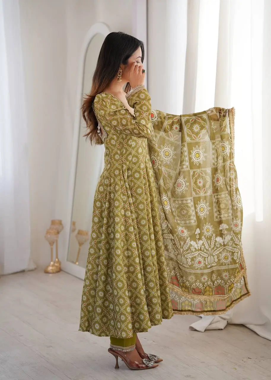 Olive Mosaic Print Anarkali Gown