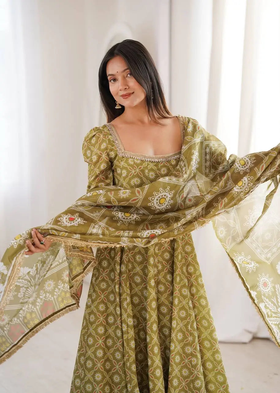 Olive Mosaic Print Anarkali Gown