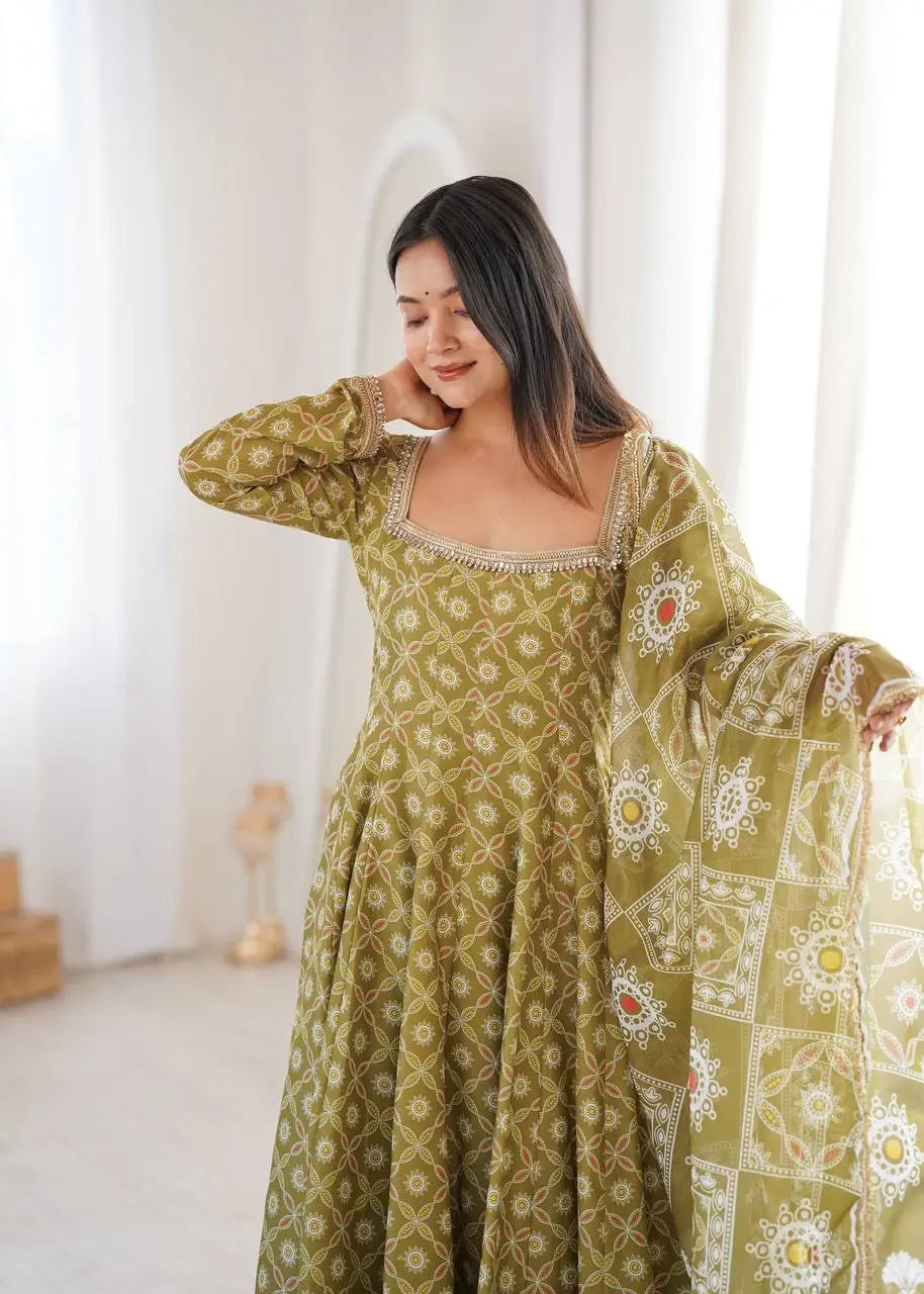 Olive Mosaic Print Anarkali Gown
