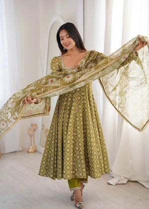Olive Mosaic Print Anarkali Gown