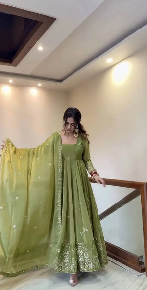 Olive Sequin Floral Anarkali Set