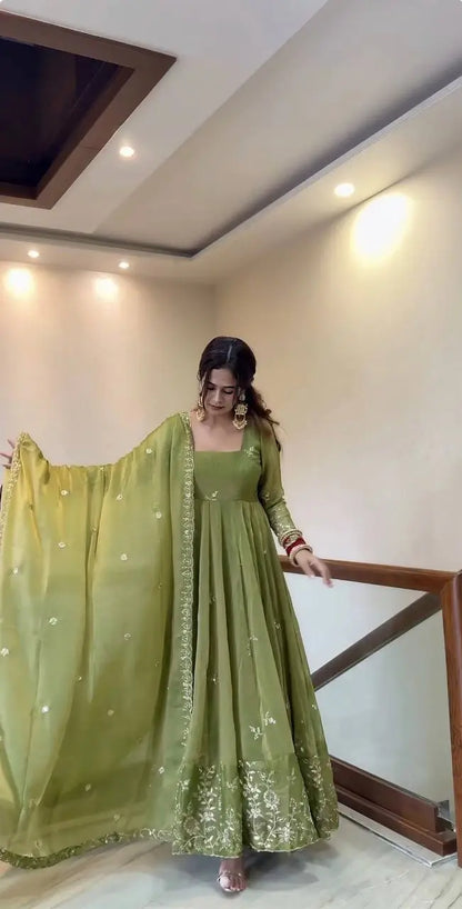 Olive Sequin Floral Anarkali Set