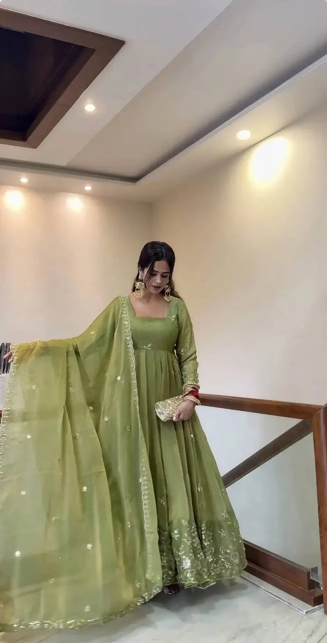 Olive Sequin Floral Anarkali Set