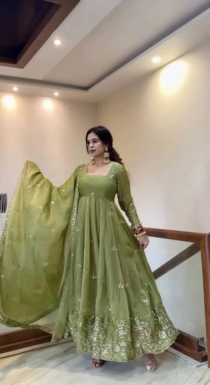 Olive Sequin Floral Anarkali Set