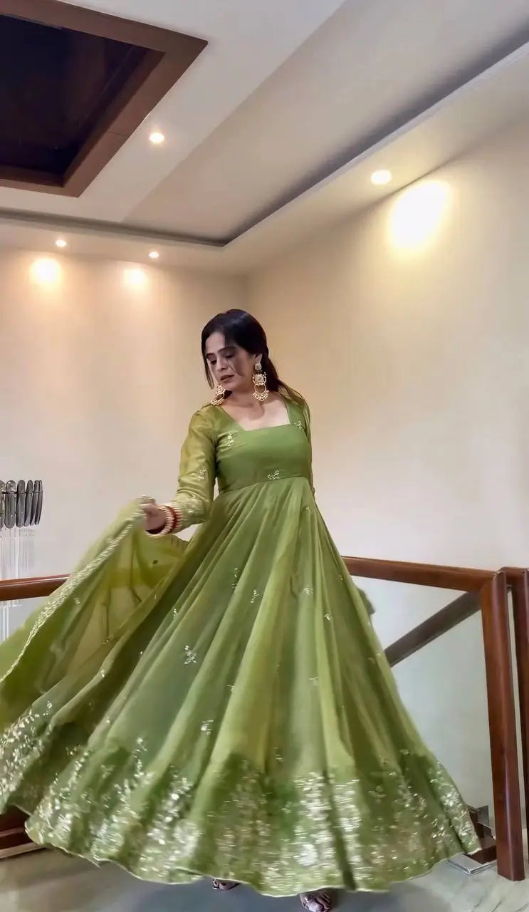 Olive Sequin Floral Anarkali Set