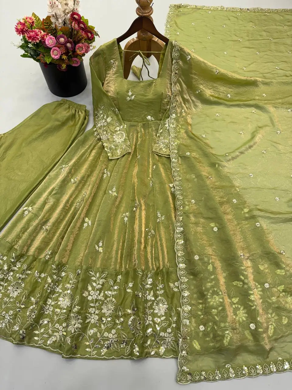 Olive Sequin Floral Anarkali Set