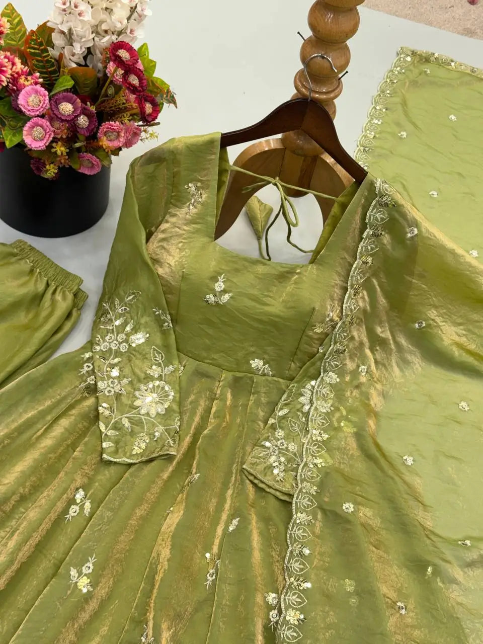 Olive Sequin Floral Anarkali Set