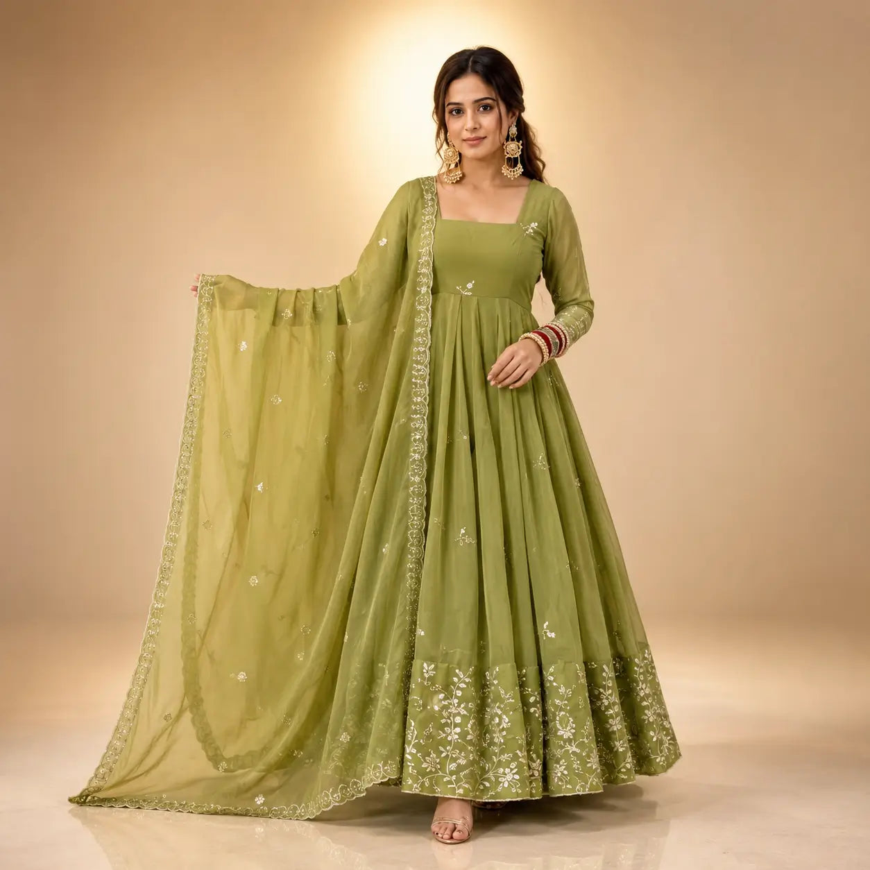 Olive Sequin Floral Anarkali Set