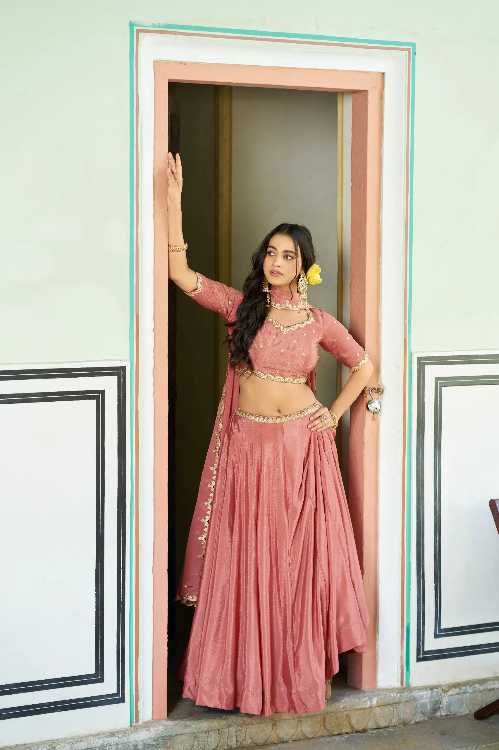 Olive Sequin Scallop Lehenga Set