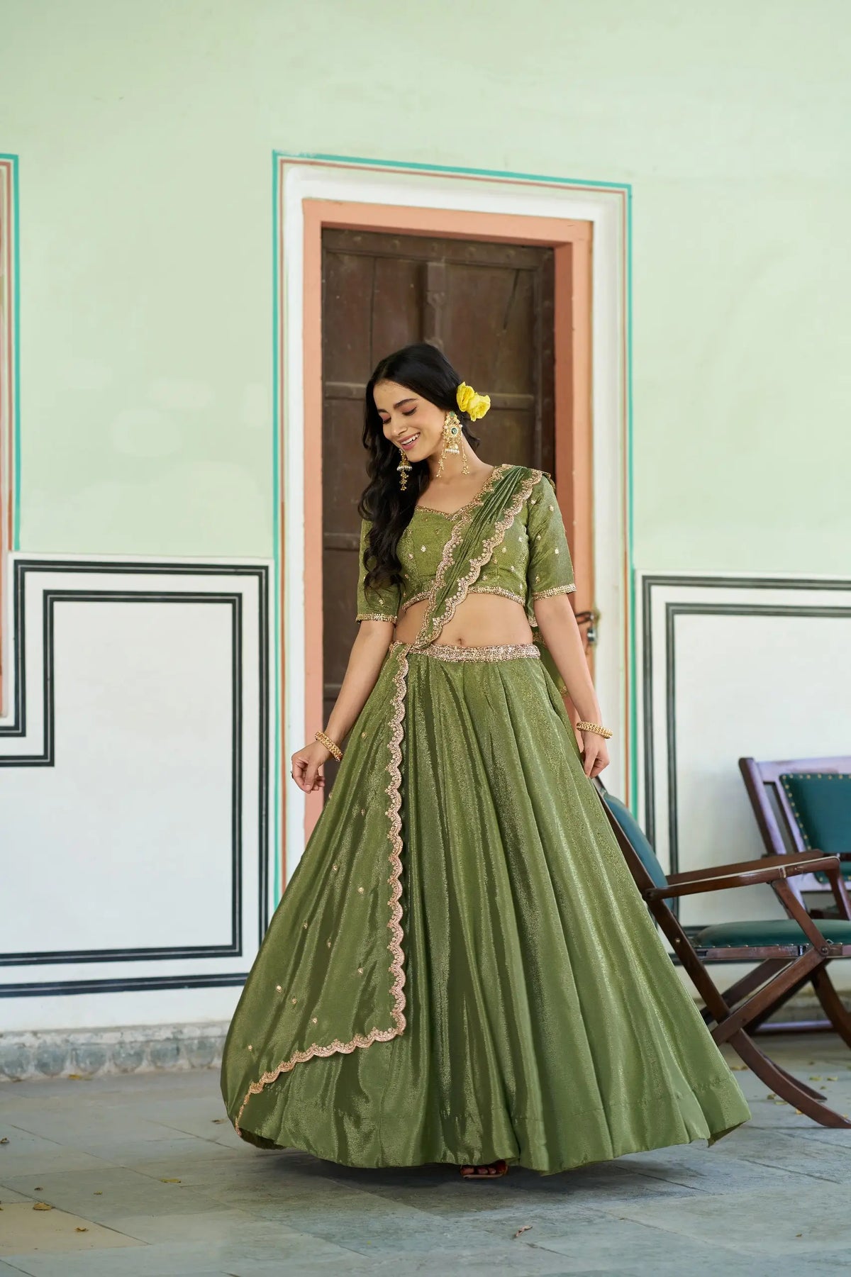 Olive Sequin Scallop Lehenga Set