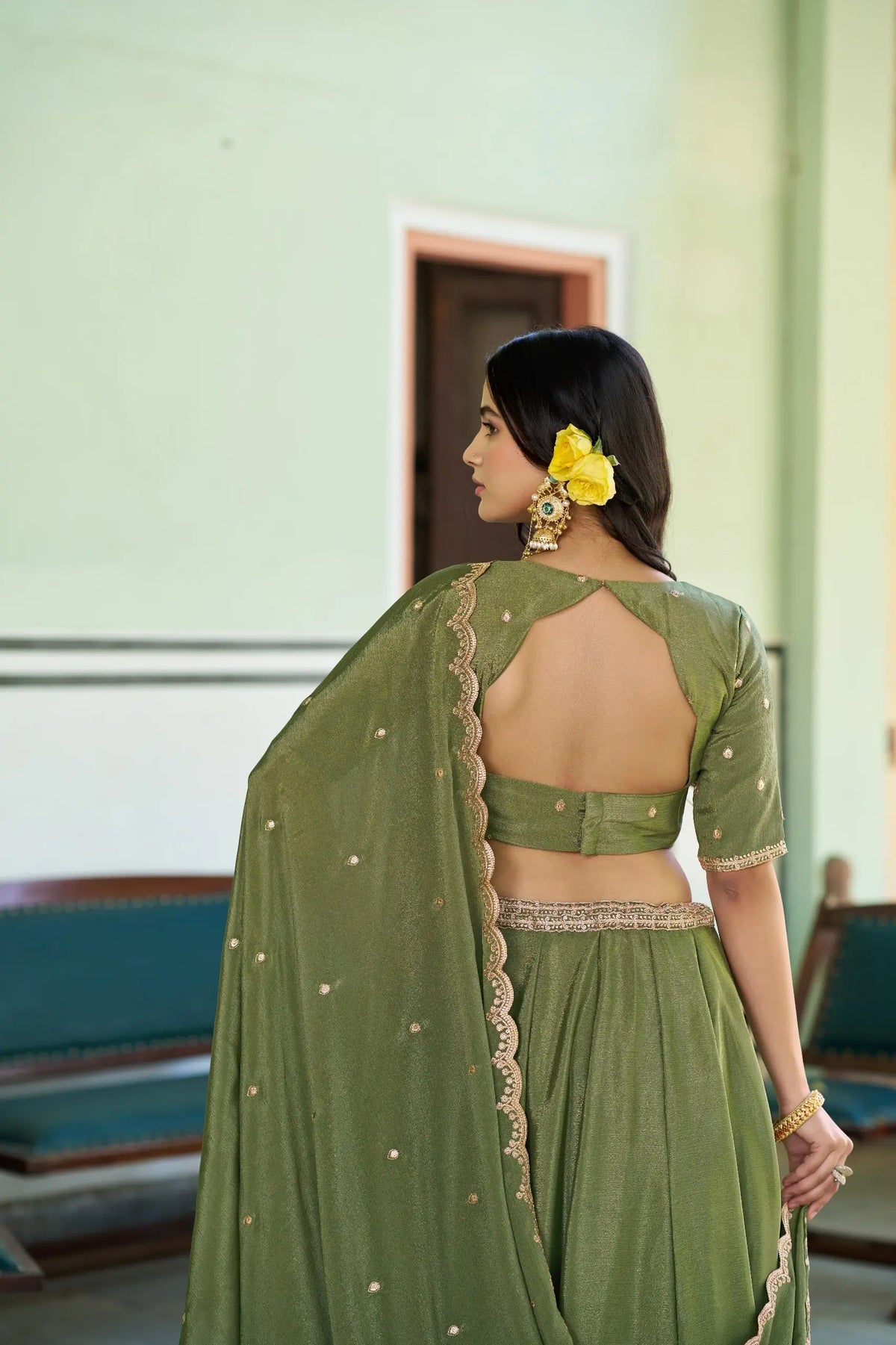 Olive Sequin Scallop Lehenga Set