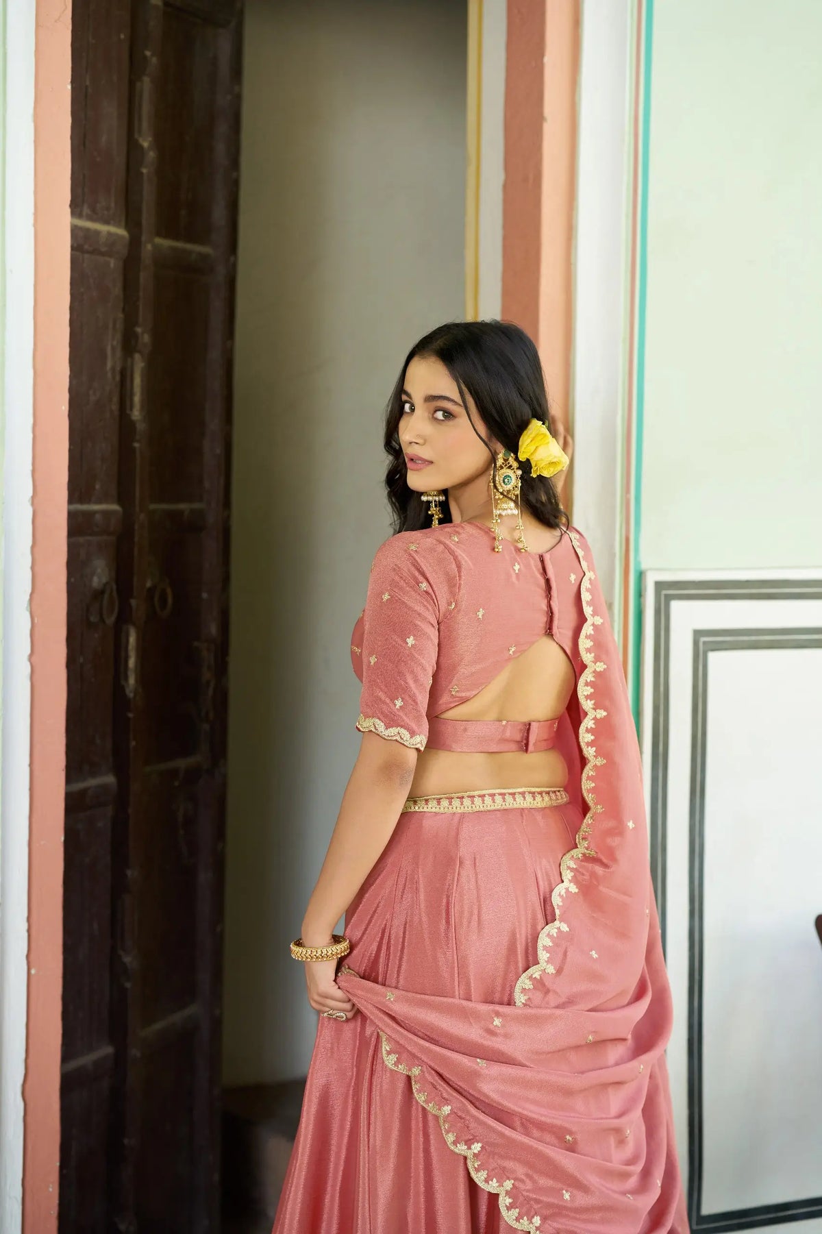 Olive Sequin Scallop Lehenga Set