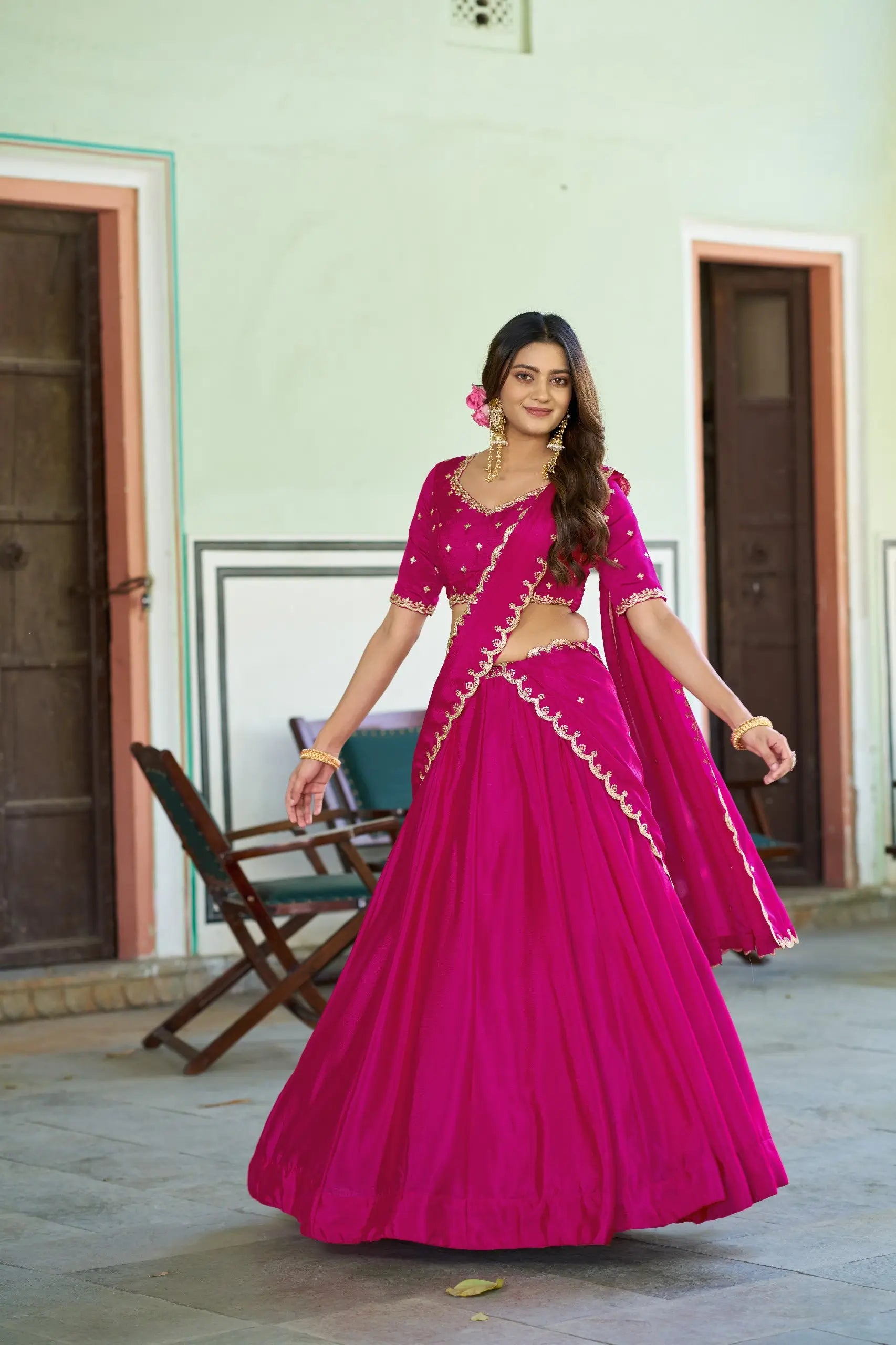 Olive Sequin Scallop Lehenga Set