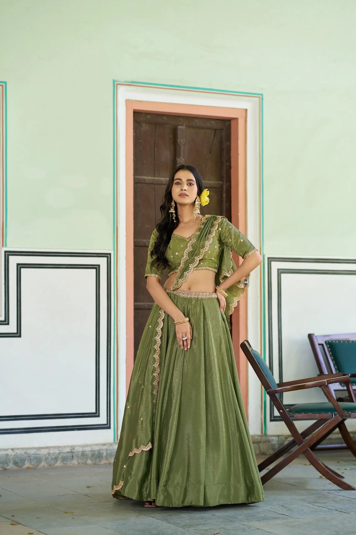Olive Sequin Scallop Lehenga Set