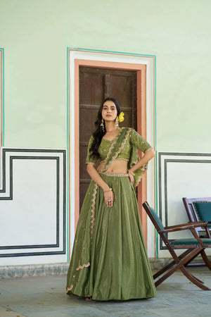 Olive Sequin Scallop Lehenga Set