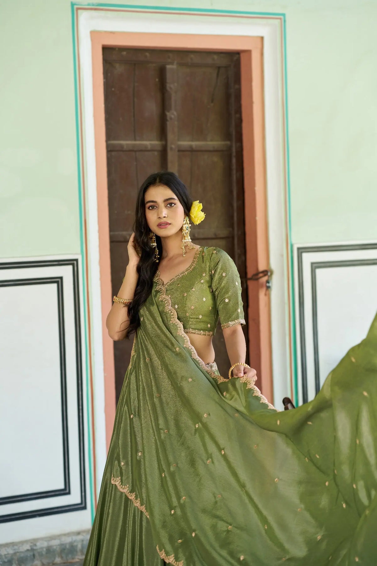 Olive Sequin Scallop Lehenga Set