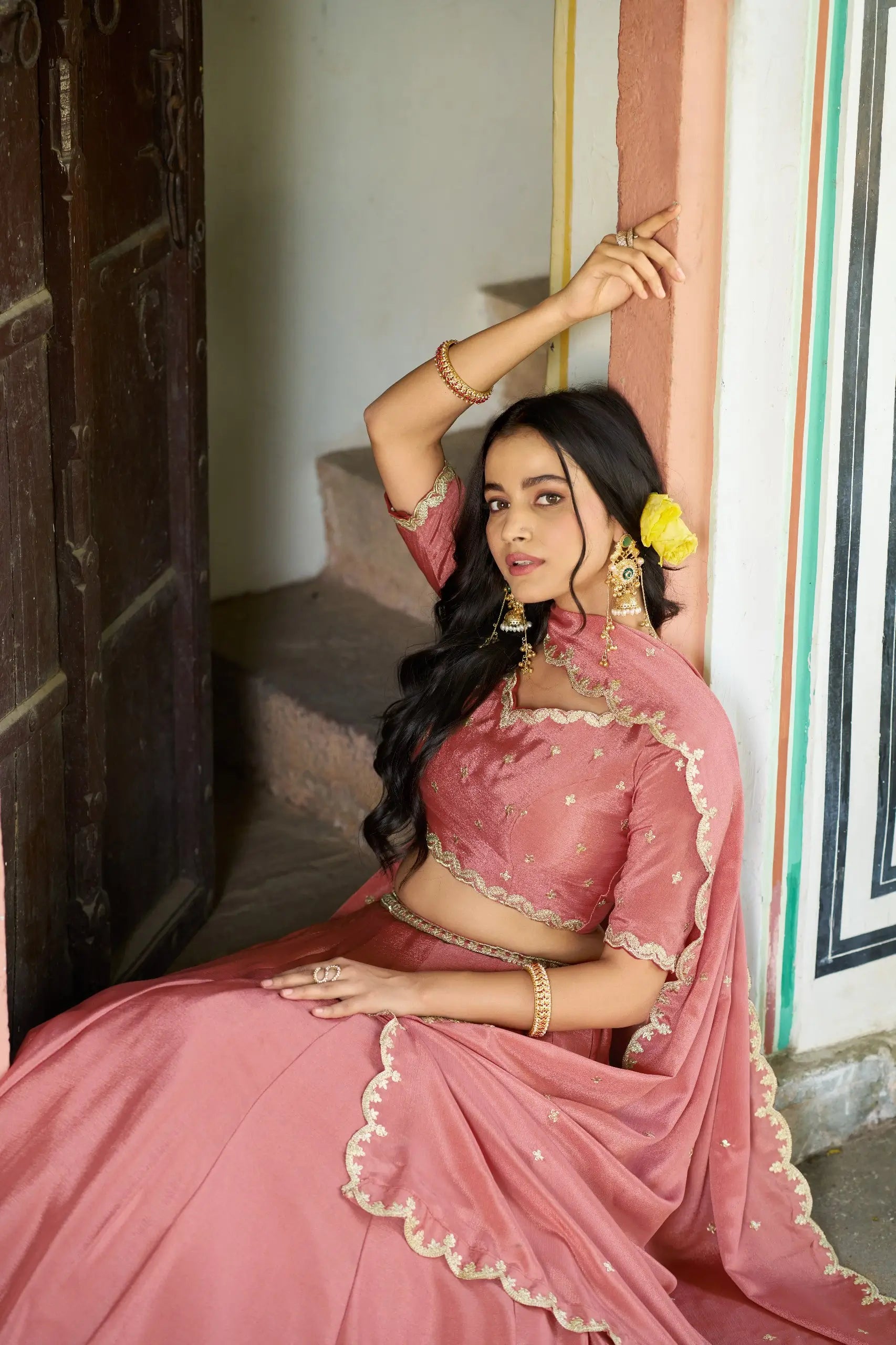 Olive Sequin Scallop Lehenga Set