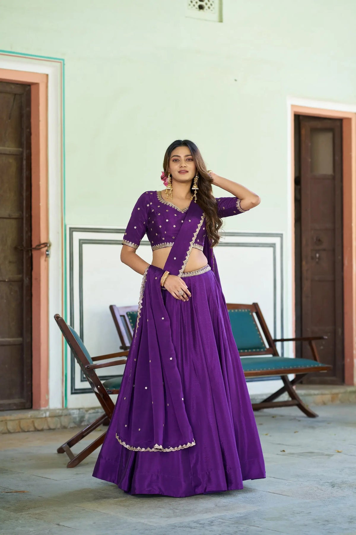 Olive Sequin Scallop Lehenga Set