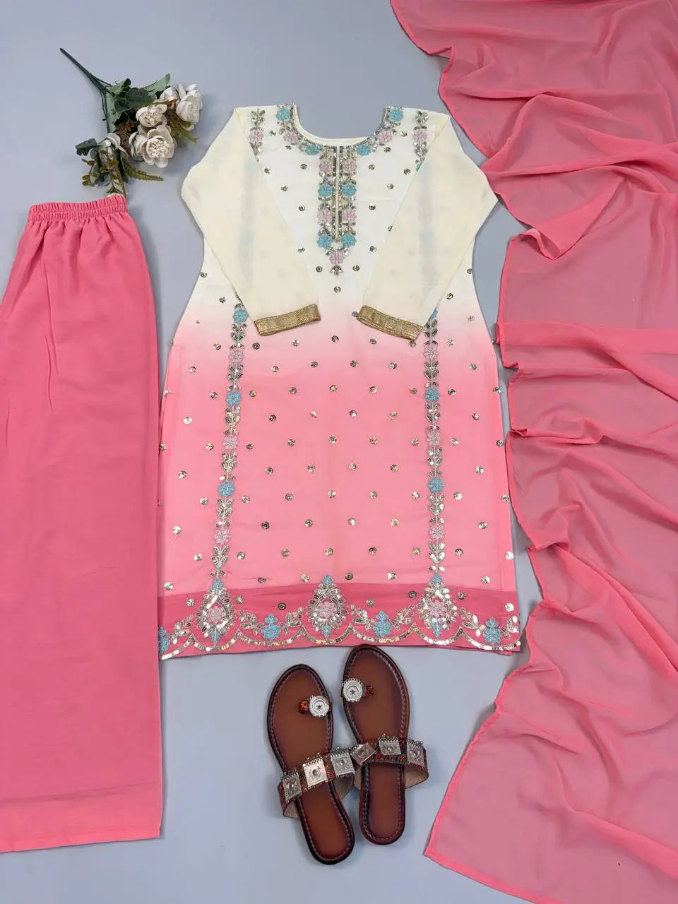 Ombre Mirror Work Kurti Set