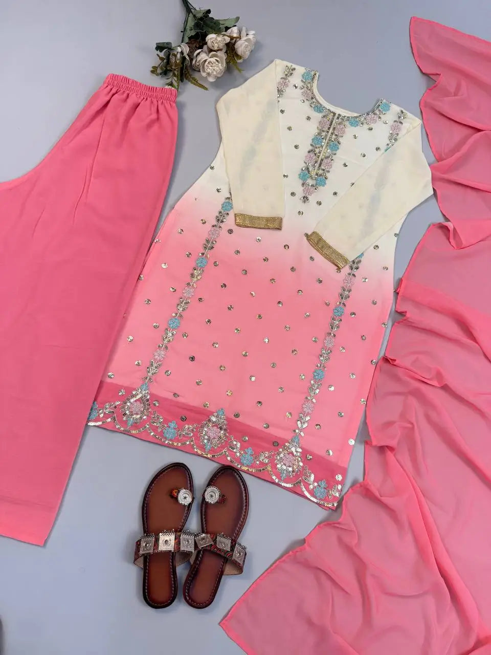 Ombre Mirror Work Kurti Set