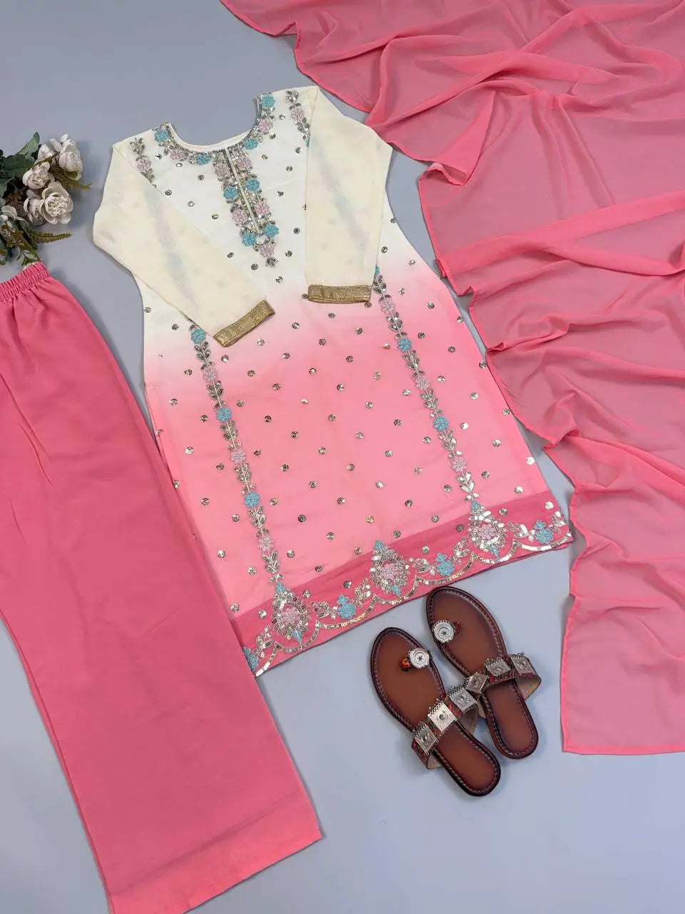 Ombre Mirror Work Kurti Set