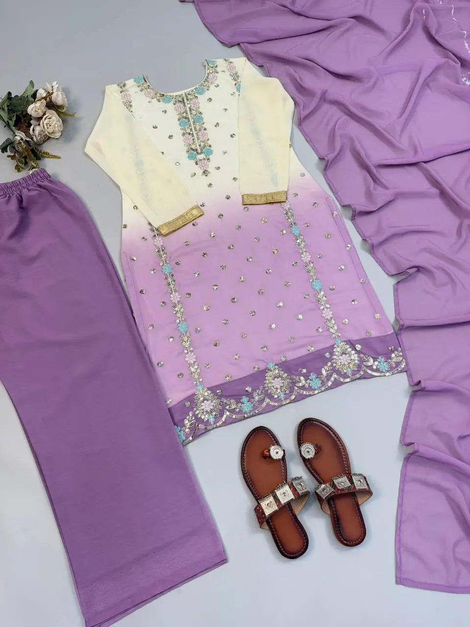 Ombre Mirror Work Kurti Set