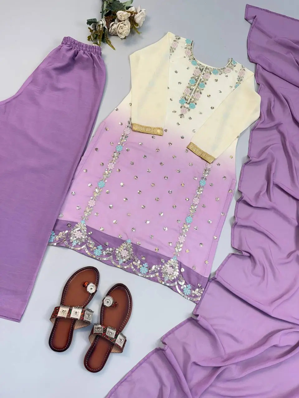 Ombre Mirror Work Kurti Set