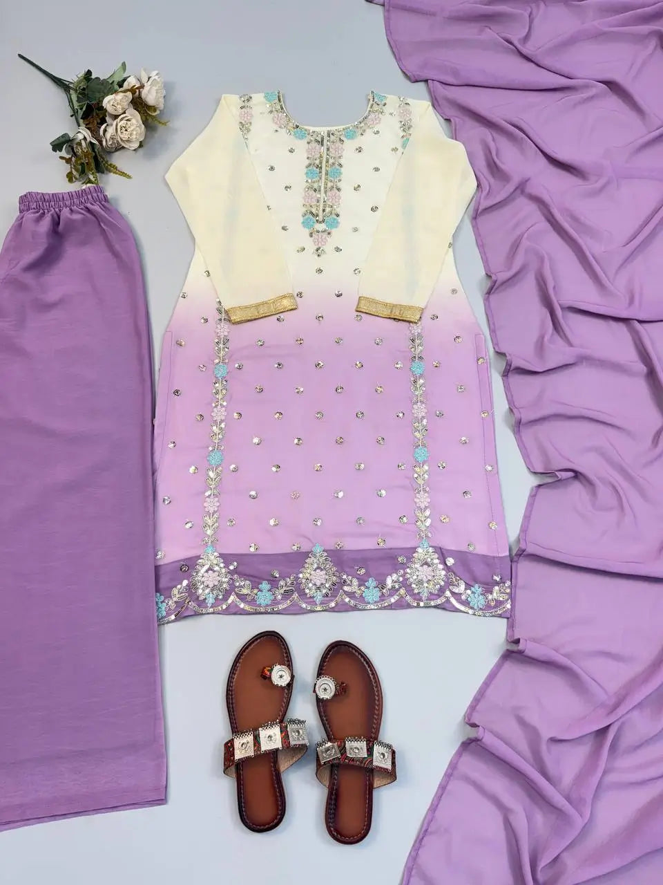 Ombre Mirror Work Kurti Set