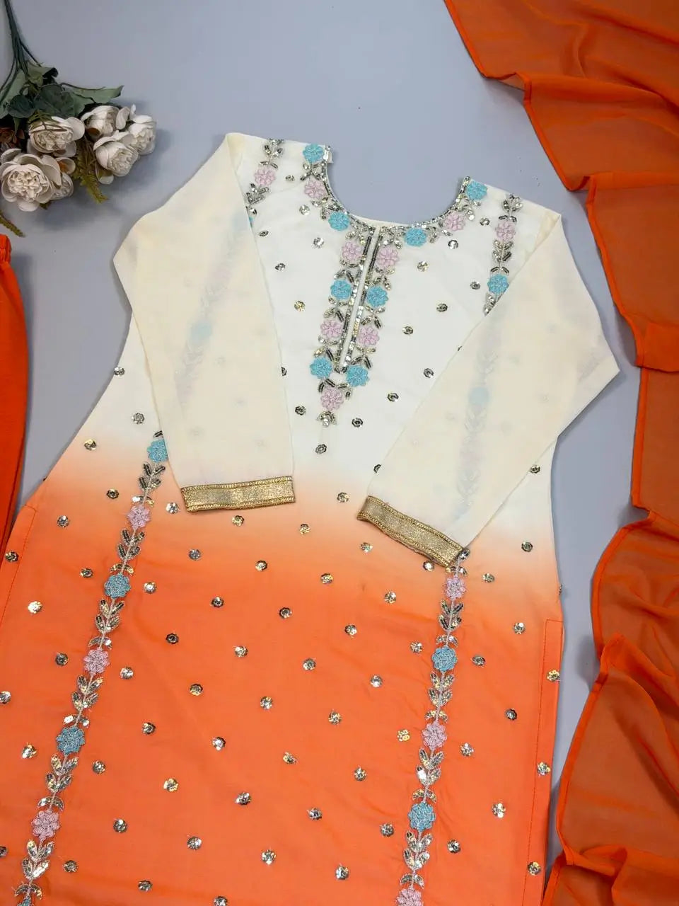 Ombre Mirror Work Kurti Set