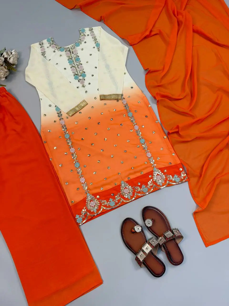Ombre Mirror Work Kurti Set